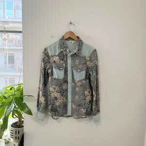 Love the Label Gray Floral Print Mixed Media Long Sleeve Button Up Top Size XS